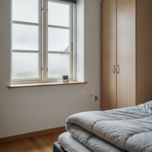 skimmel, skimmelsvamp, indeklima, fugt, kondens, udluftning, ventilation, hygrometer, luftfugtighed, kuldebro, kolde ydervægge, soveværelse, indendørs, dansk bolig, villa, parcelhus, vindue, ydervæg, renovering, vedligeholdelse, fugtskade, hus, bolig, håndværker