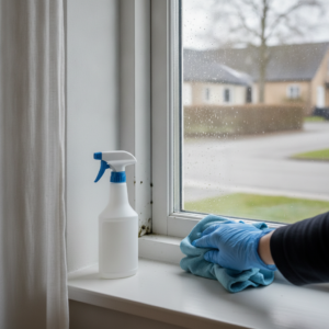 skimmelsvamp, skimmel på vinduer, vindueskarm, kondens, fugt, indeklima, rengøring, forebyggelse, udluftning, ventilation, vinter, indendørs, dansk hjem, parcelhus, vindue, trævindue, gummiliste, silikonefuge, microfiberklud, handsker, vedligeholdelse, hus, bolig, håndværker