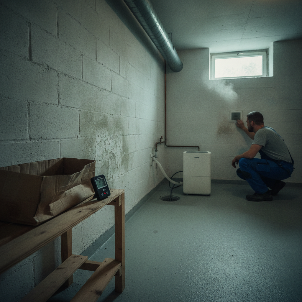 vvs, ventilation, kælder, fugt i kælder, skimmel, affugter, mekanisk ventilation, naturlig ventilation, hygrometer, relativ luftfugtighed, kondens, sommerkondens, indeklima, udsugning, ventilationskanal, dræn, fugtsikring, mursten, beton, renovering, vedligeholdelse, parcelhus, hus, bolig, håndværker